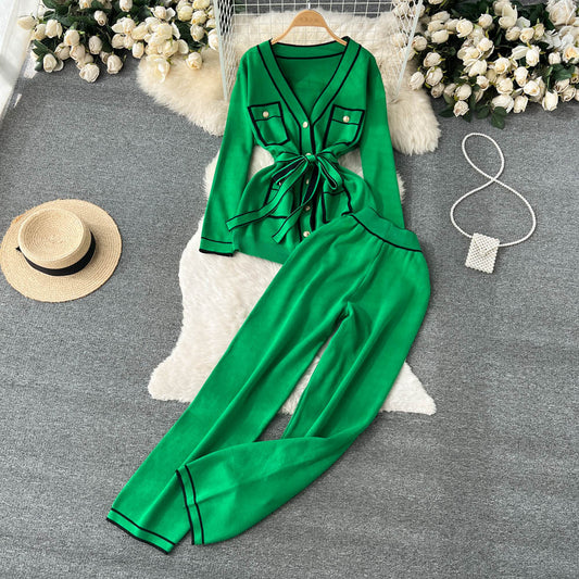 Contrast Color Suit Women's Long Sleeve V-neck Lace-up Knitwear Draping Wide Leg Trousers Two-piece Set